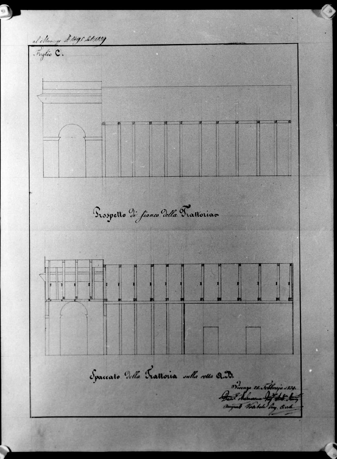 prospetto e sezione di edificio (disegno, serie) di Malacarne Bartolomeo (attribuito), Miglioranza Giovanni (sec. XIX)