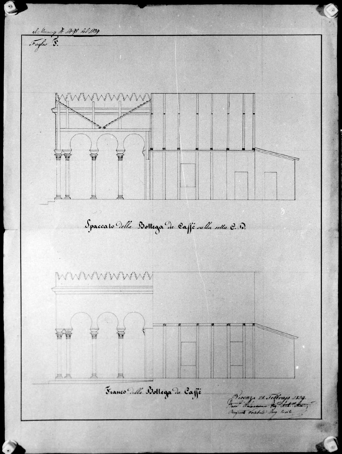 prospetto e sezione di edificio (disegno, serie) di Malacarne Bartolomeo (attribuito), Miglioranza Giovanni (sec. XIX)