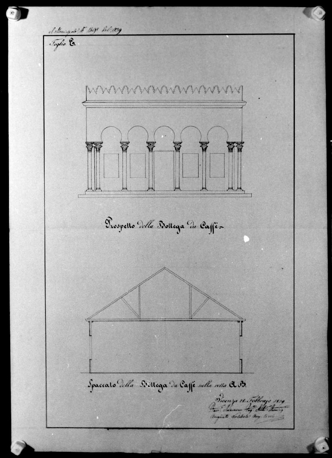 prospetto e sezione di edificio (disegno, serie) di Malacarne Bartolomeo (attribuito), Miglioranza Giovanni (sec. XIX)