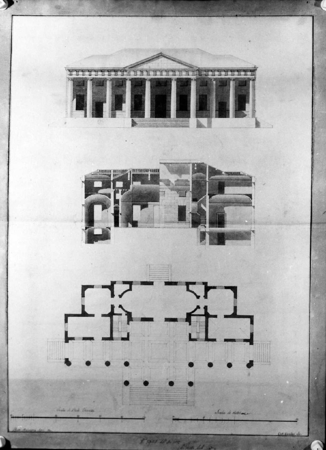 prospetto, sezione e pianta di edificio (disegno) di Malacarne Bartolomeo (sec. XIX)