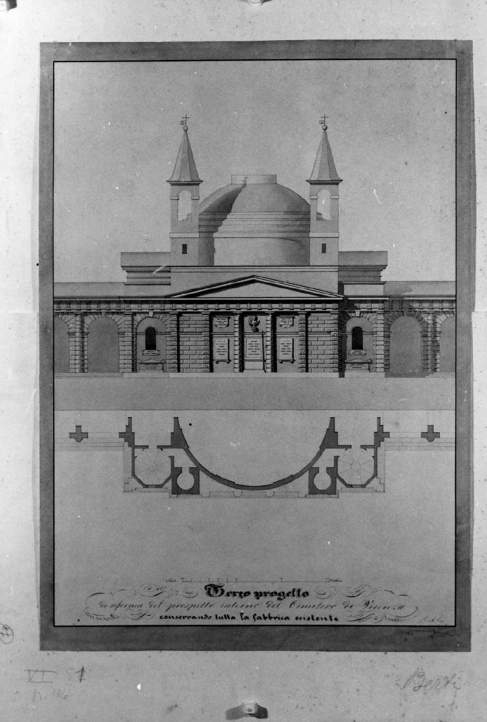 Progetto di riduzione dell'abside della chiesa del cimitero di Vicenza, prospetto e pianta di abside (disegno) di Berti Giovan Battista (sec. XIX)
