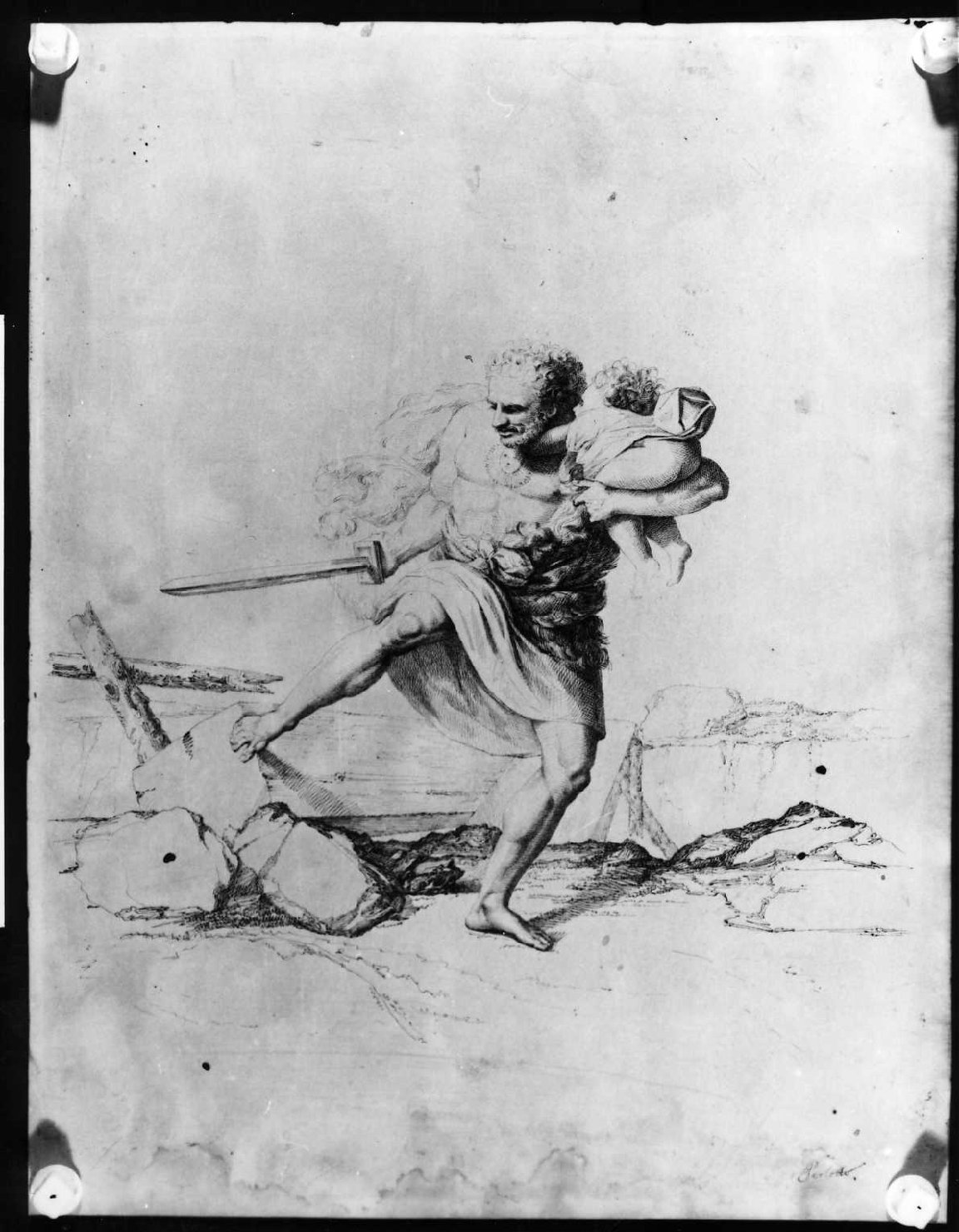 Apollo strappa Esculapio ancora vivo dal grembo di Coronide (disegno) di Perlotto Tito Catone (sec. XIX)