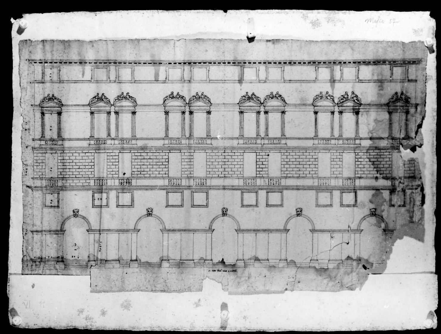 palazzo del podestà a Vicenza (disegno, serie) di Merlini Maffio (sec. XVII)