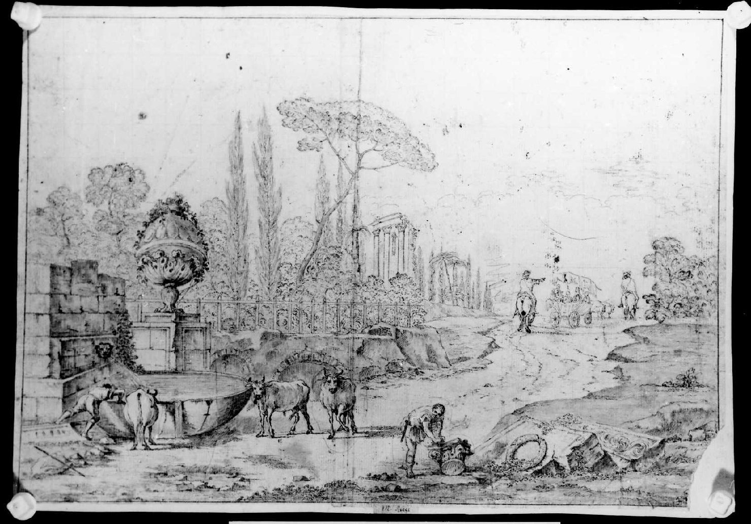 paesaggio con rovine (disegno) di Ricci Marco (maniera) (prima metà sec. XVIII)