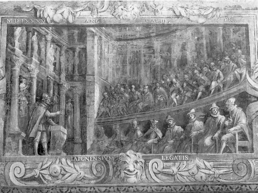 Ricevimento degli ambasciatori giapponesi in teatro Olimpico (dipinto) di Maganza Alessandro (attribuito) (sec. XVI)