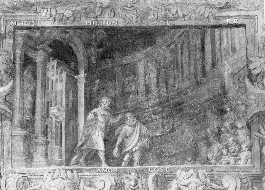 Rappresentazione teatrale- Rappresentazione dell'amor costante del Piccolomini (dipinto) di Maganza Alessandro (attribuito) (sec. XVI)