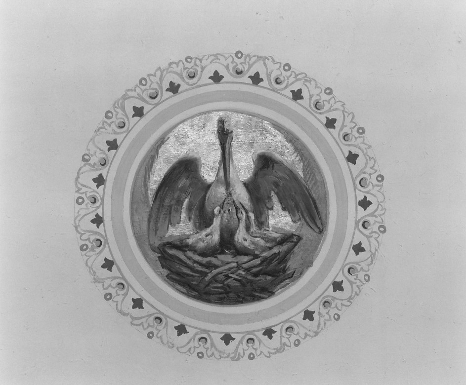 pellicano che imbocca i piccoli nel nido (dipinto) di Cavedon Domenico (attribuito) (sec. XX)