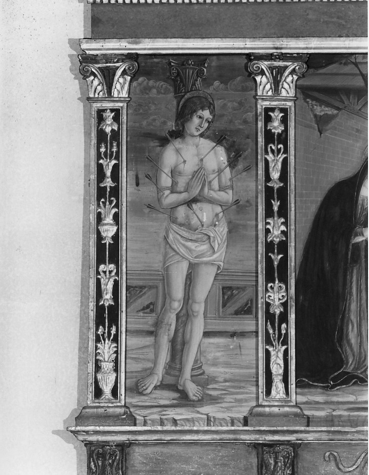 San Sebastiano (dipinto, elemento d'insieme) di Maestro del Cespo di Garofano (scuola) (secc. XV/ XVI)