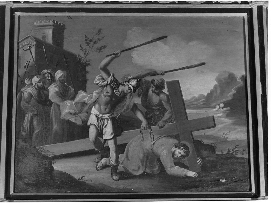 stazione III: Gesù cade sotto la croce la prima volta (dipinto) di Dal Bianco Antonio (sec. XIX)
