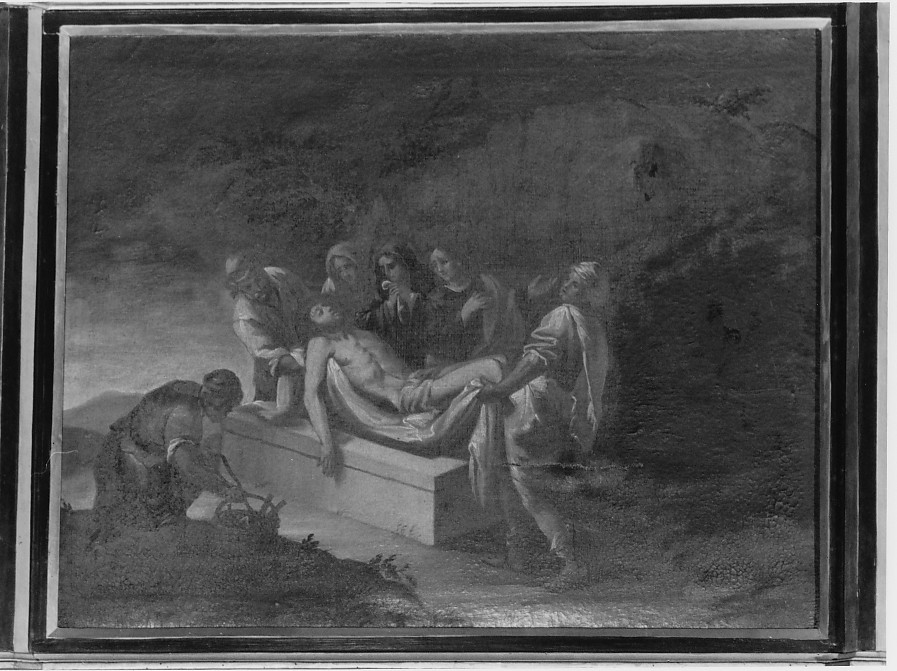 stazione XIV: Gesù deposto nel sepolcro (dipinto) di Dal Bianco Antonio (sec. XIX)