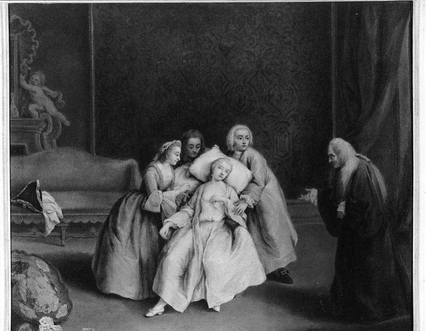 lo svenimento, scena familiare (dipinto) di Longhi Pietro (cerchia) (sec. XVIII)
