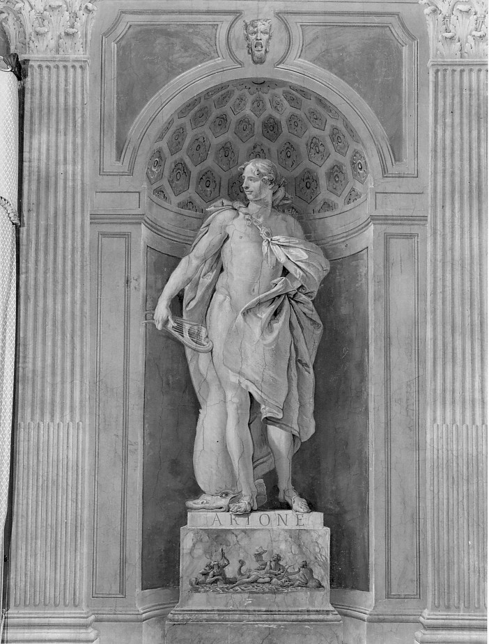 Arione con la lira sul delfino (dipinto) di Lorenzi Francesco (attribuito), Guidolini Paolo (attribuito) (sec. XVIII)