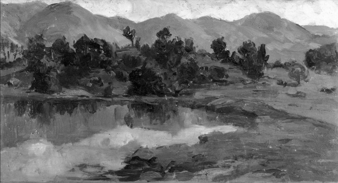 Laghetto di montagna, paesaggio montano (dipinto, serie) di Avanzi Vittorio (secc. XIX/ XX)