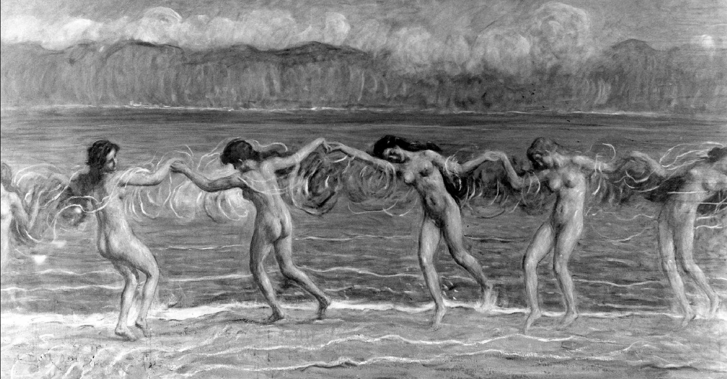 Le ondine del lago "Garda", figure femminili nude (dipinto) di Dall'Oca Bianca Angelo (sec. XX)