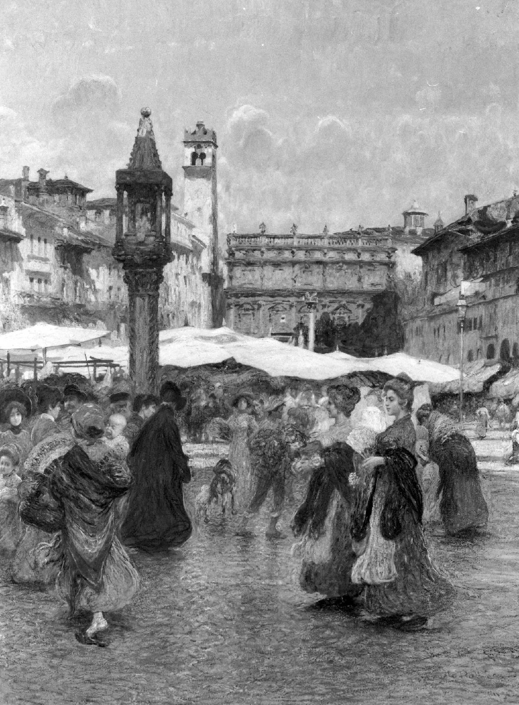 Piazza delle Erbe, veduta di Verona (dipinto) di Dall'Oca Bianca Angelo (sec. XX)