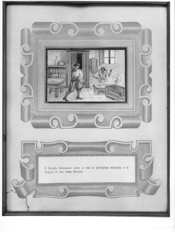 Il Broglia felicissimo porta a casa la prodigiosa statuetta e la depone in una cassa decente (dipinto, elemento d'insieme) - ambito veronese (sec. XX)