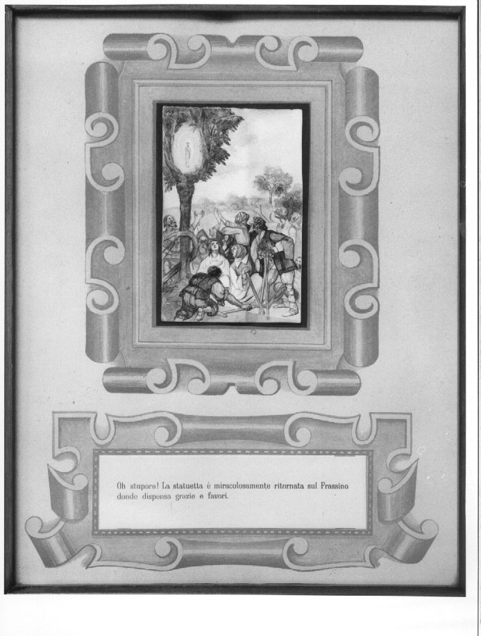 Oh stupore/ La statuetta è miracolosamente ritornata al Frassino donde dispensa grazie e favori (dipinto, elemento d'insieme) - ambito veronese (sec. XX)
