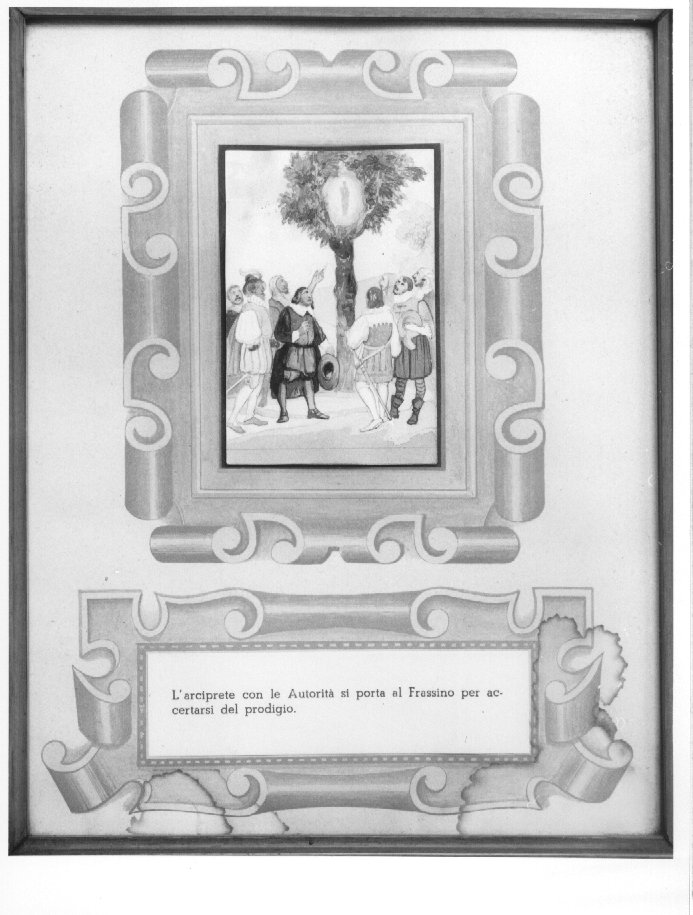 L'arciprete con le autorità si porta al Frassino per accertarsi del prodigio (dipinto, elemento d'insieme) - ambito veronese (sec. XX)
