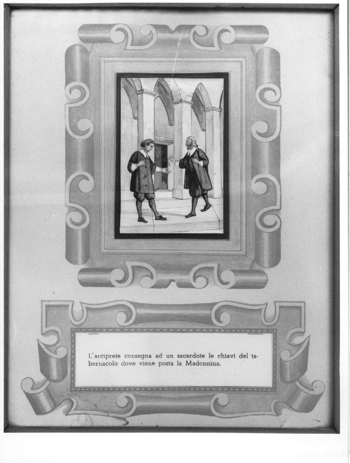 L'arciprete consegna ad un sacerdote le chiavi del tabernacolo dove viene posta la madonnina (dipinto, elemento d'insieme) - ambito veronese (sec. XX)