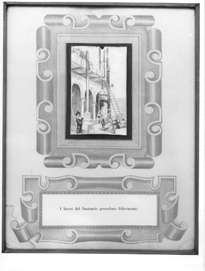 I lavori del santuario procedono felicemente (dipinto, elemento d'insieme) - ambito veronese (sec. XX)