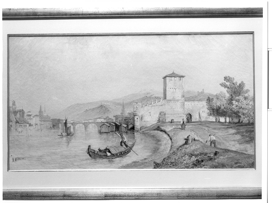 Porta della Vittoria a Verona, paesaggio fluviale (dipinto, opera isolata) di Meadows Arthur Joseph (seconda metà sec. XIX)