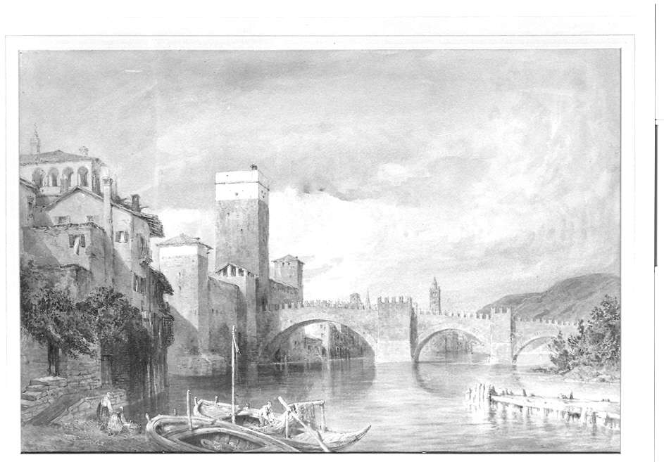 Ponte Vecchio a Verona, veduta di città (dipinto, opera isolata) di George Ernest (sec. XIX)