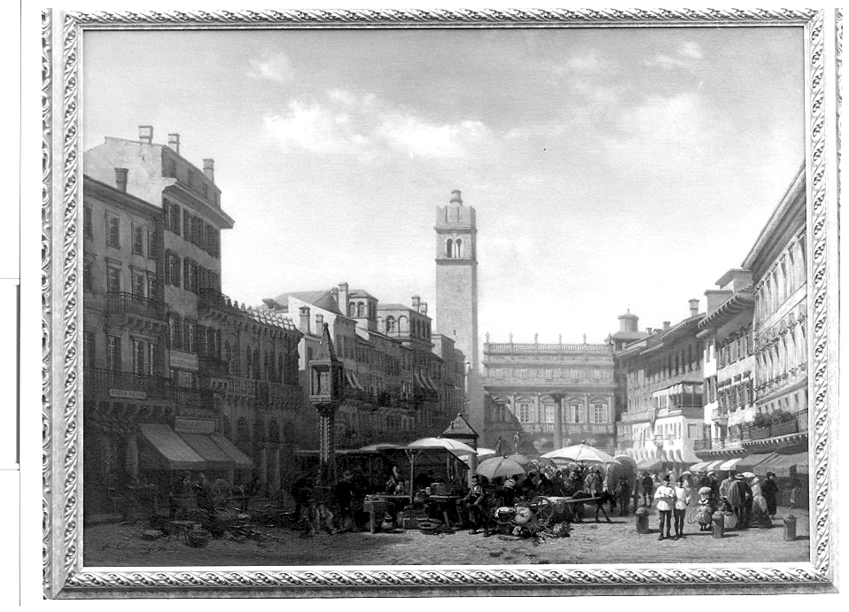 La Piazza Erbe a Verona, veduta di città (dipinto, opera isolata) di Schwendy Albert (sec. XIX)