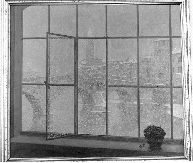 Mattino d'inverno, veduta di città (dipinto, opera isolata) di Manzini Augusto (sec. XX)