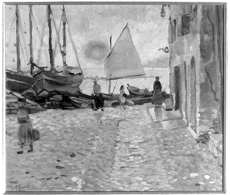 Scorcio del porto di Riva (dipinto, opera isolata) di Pigato Orazio (sec. XX)