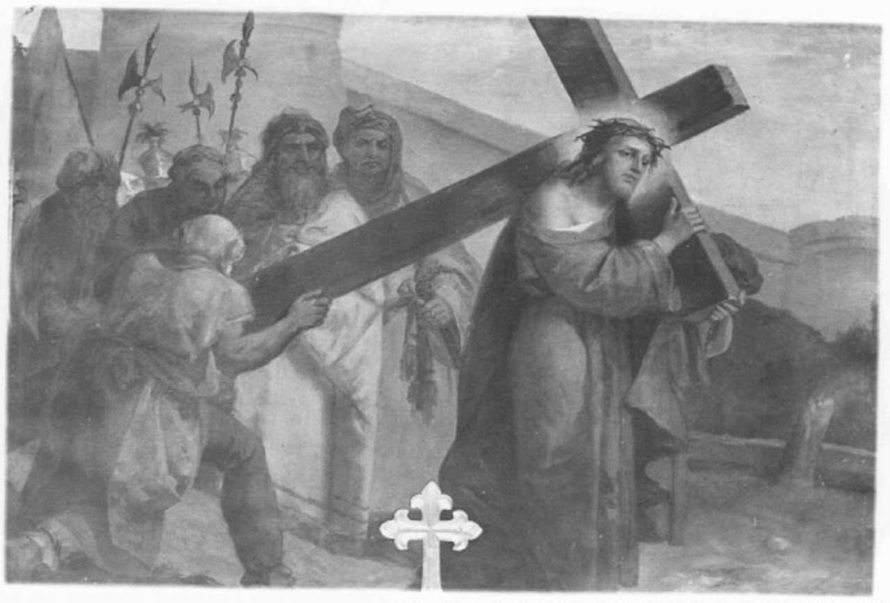 stazione V: Gesù aiutato da Simone il Cireneo a portare la croce (dipinto) di Rizzi Lorenzo (sec. XIX)