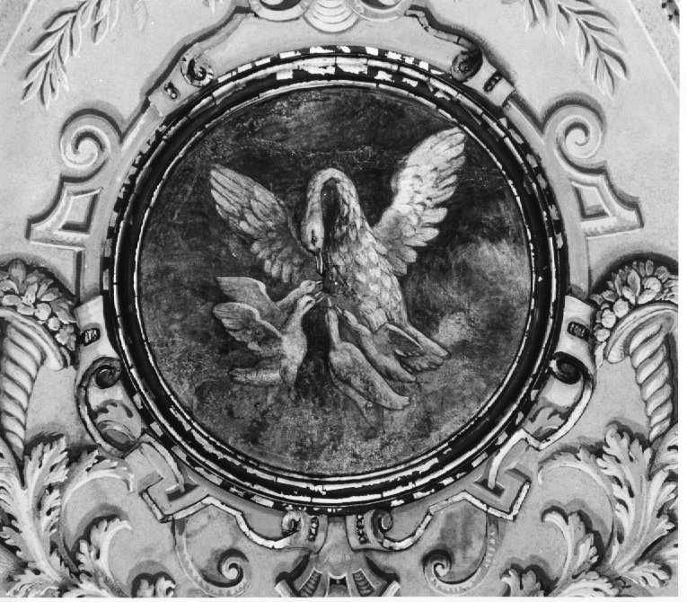 pellicano che imbocca i piccoli nel nido (dipinto) di Trentini Guido (sec. XX)