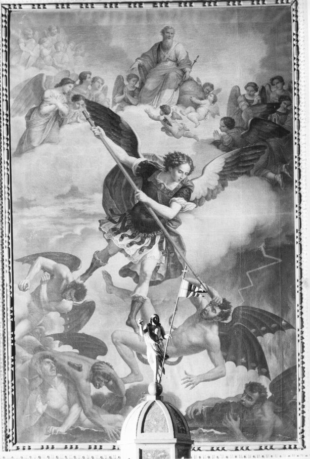 San Michele Arcangelo scaccia gli angeli ribelli dal paradiso (dipinto) di Caliari Giovanni Battista (sec. XIX)