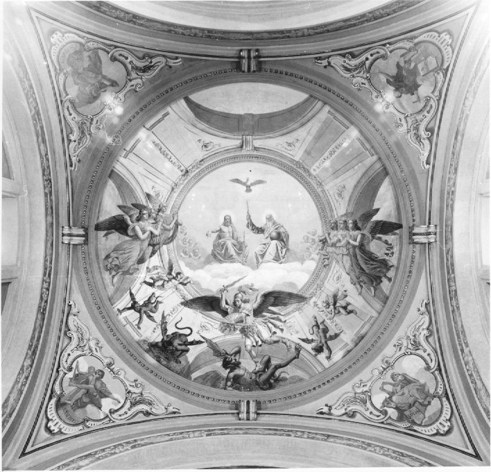 San Michele Arcangelo scaccia gli angeli ribelli dal paradiso (dipinto) di Recchia Angelo (attribuito) (sec. XIX)