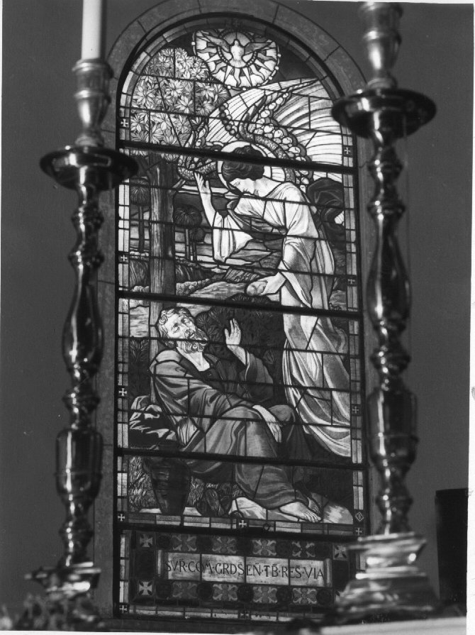 Elia sul monte Horeb ascolta la voce di Dio (vetrata) di Polloni Guido (secondo quarto sec. XX)