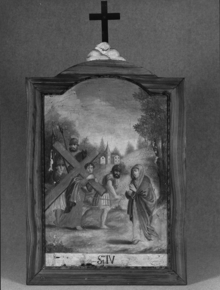 stazione IV: Gesù incontra la Madonna (dipinto) di Guarnieri Luigi (sec. XVII)