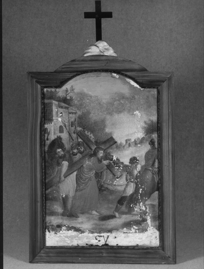 stazione V: Gesù aiutato da Simone il Cireneo a portare la croce (dipinto) di Guarnieri Luigi (sec. XVII)