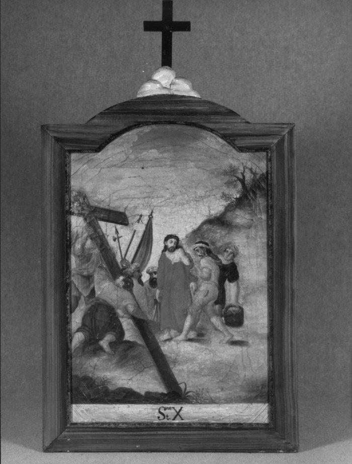 stazione X: Gesù spogliato e abbeverato di fiele (dipinto) di Guarnieri Luigi (sec. XVII)