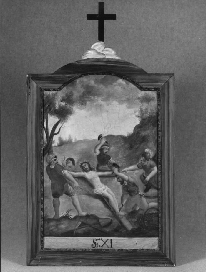 stazione XI: Gesù inchiodato alla croce (dipinto) di Guarnieri Luigi (sec. XVII)