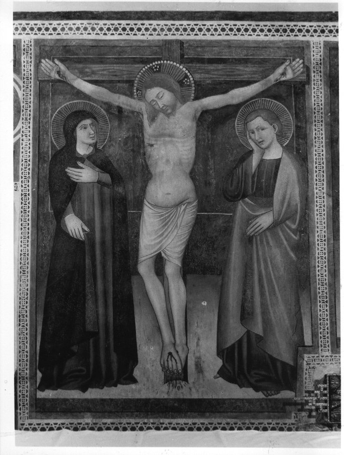 crocifissione di Cristo con la Madonna, San Giovanni Evangelista, Stephaton e Longino (dipinto) - ambito veneto (sec. XV)