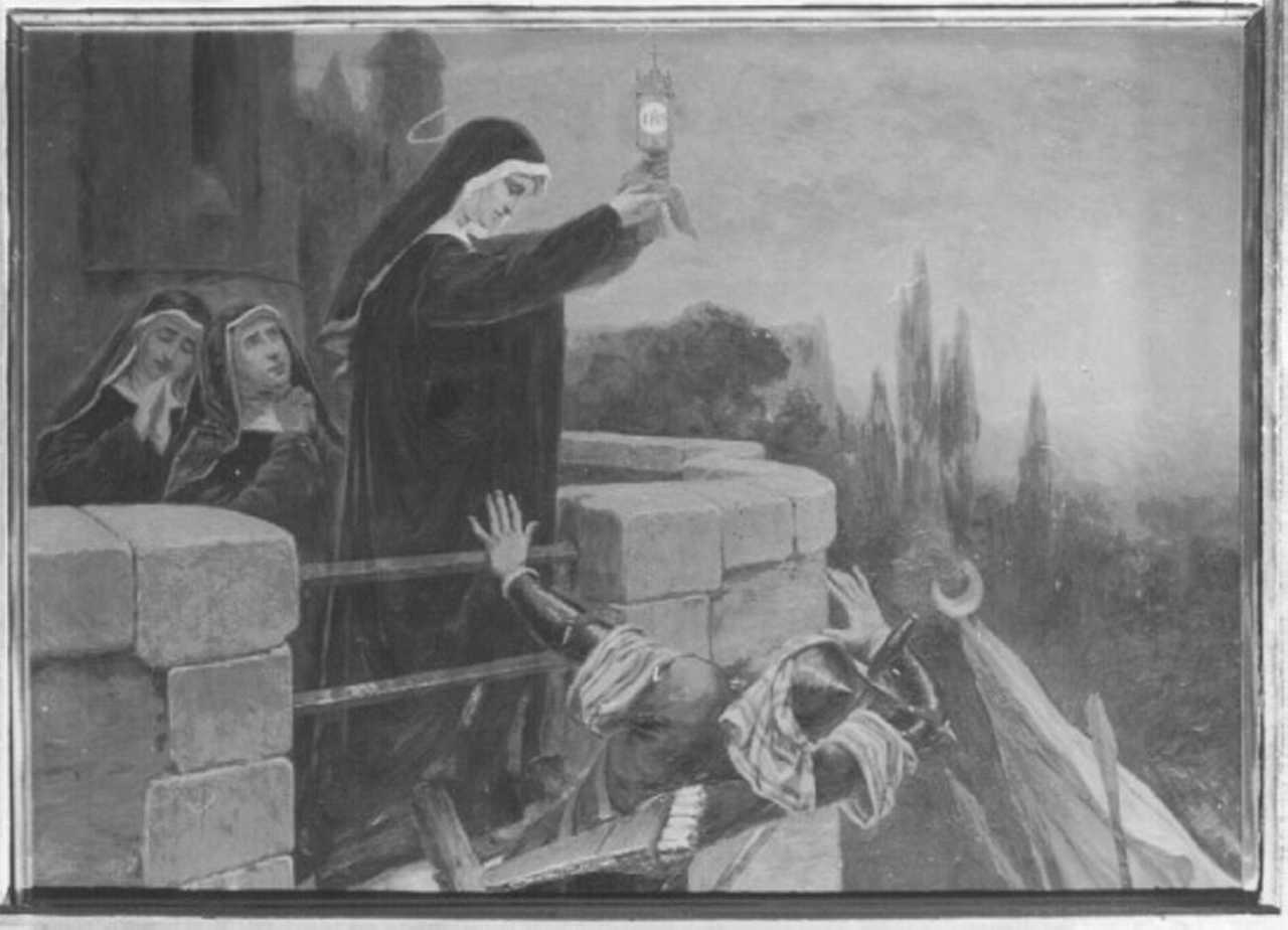 Santa Chiara respinge i saraceni con l'ostensorio (dipinto) - ambito veneto (sec. XIX)