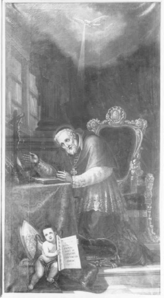 Sant'Alfonso de Liguori in preghiera illuminato dallo Spirito Santo (dipinto) di Nanin Pietro (attribuito) (sec. XIX)