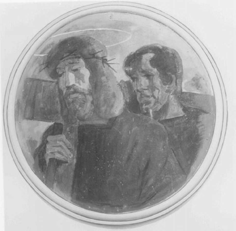 stazione V: Gesù aiutato da Simone il Cireneo a portare la croce (dipinto) di Donati Carlo (attribuito) (prima metà sec. XX)