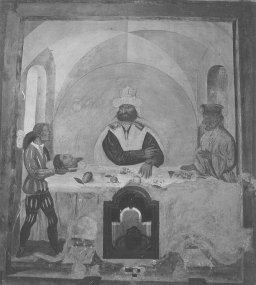 testa di San Giovanni Battista sulla tavola del banchetto (dipinto) - ambito veronese (sec. XVI)