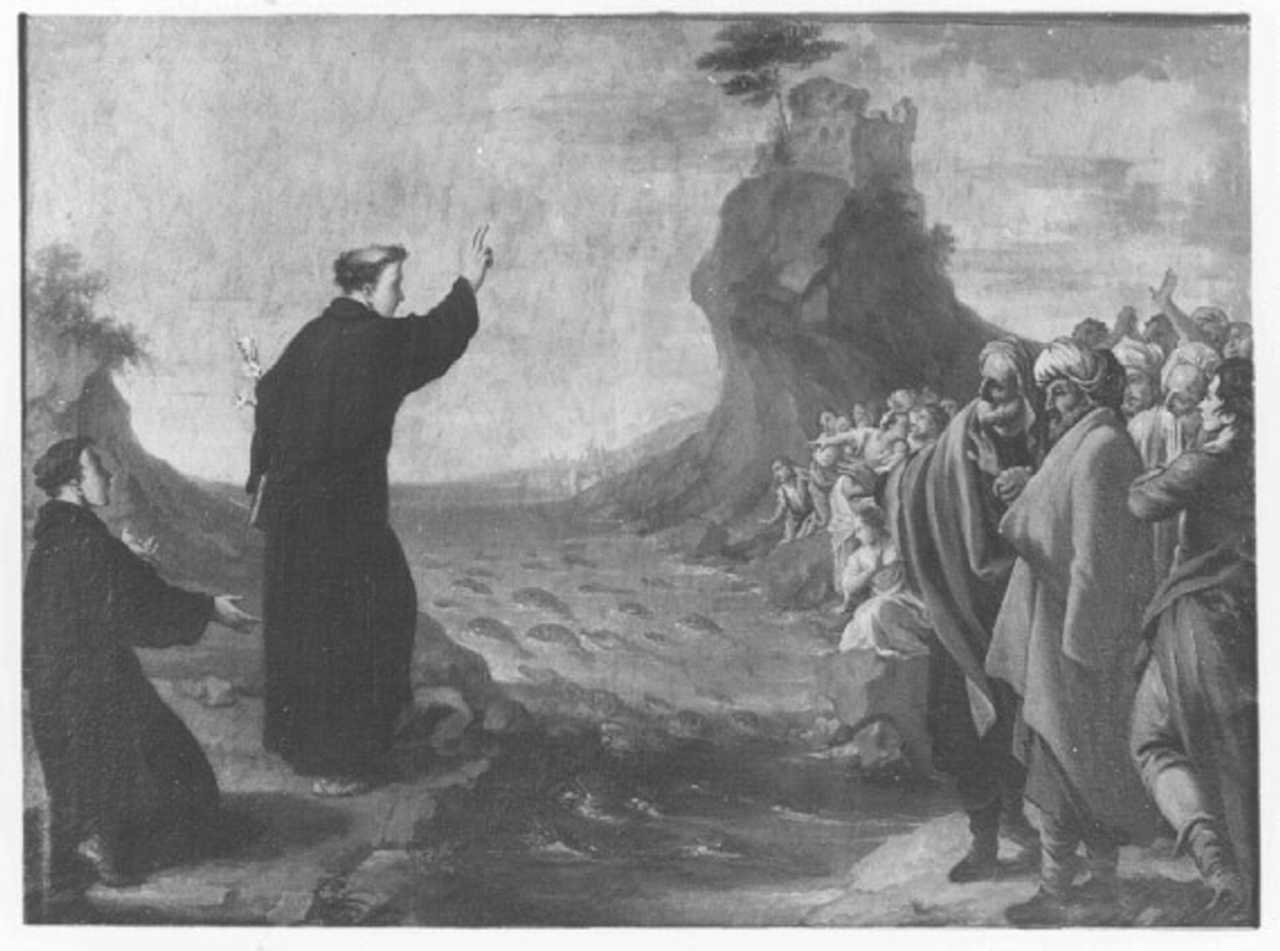 Sant'Antonio da Padova predica ai pesci (dipinto) di Raggi Giovanni (bottega) (sec. XVIII)