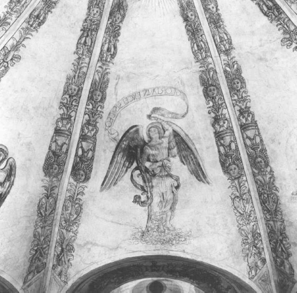 angelo con torcia e cartiglio (dipinto) di Morone Domenico (e aiuti) (sec. XV)