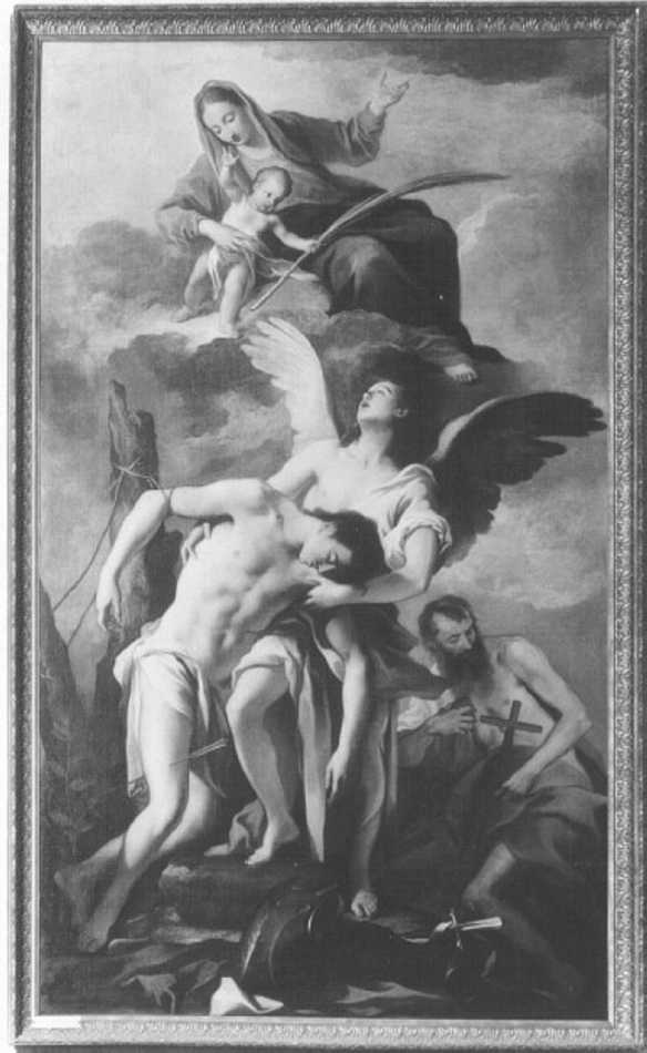Madonna con bambino in gloria con San Sebastiano portato dall'Angelo e San Girolamo (dipinto) di Brentana Simone (sec. XVIII)
