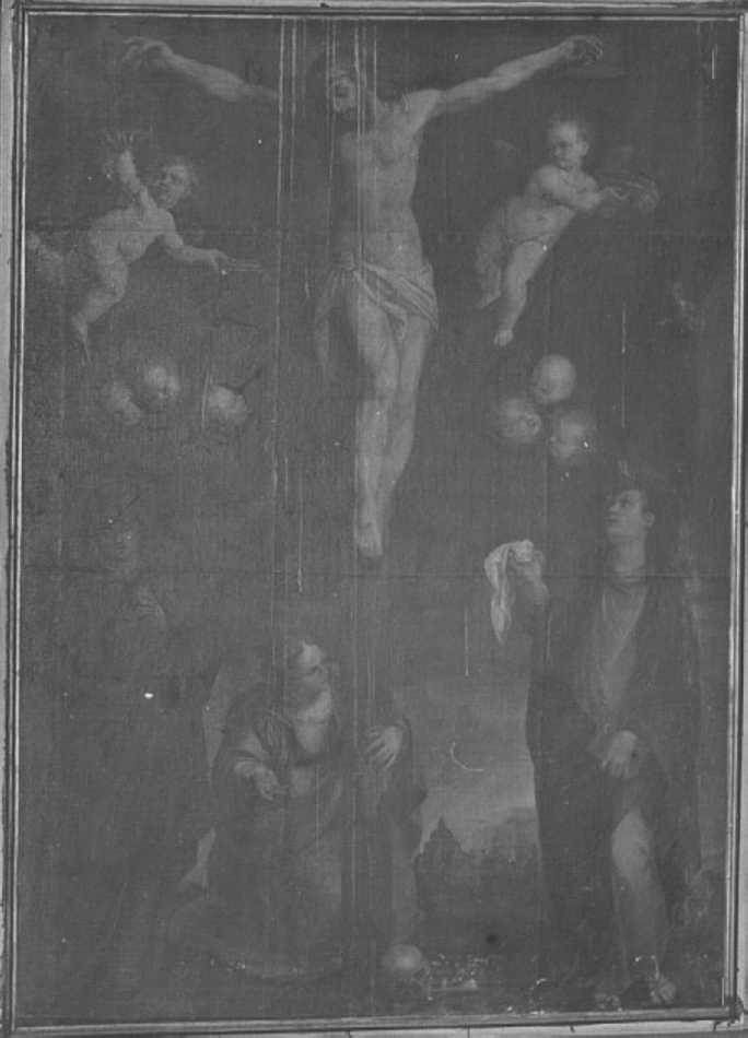 crocifissione di Cristo con la Madonna e Santa Maria Maddalena (dipinto) di Brusazorzi Felice (attribuito) (seconda metà sec. XVI)