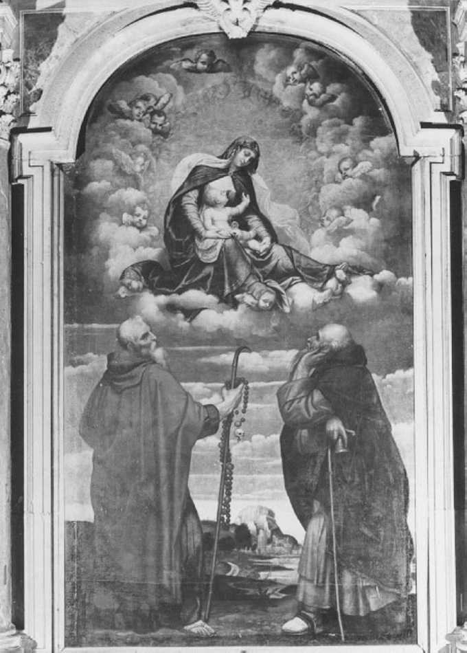 Madonna in gloria con i SS. Onofrio e Antonio Abate, Madonna in gloria (dipinto) di Bonvicino Alessandro detto Moretto (secondo quarto sec. XVI)