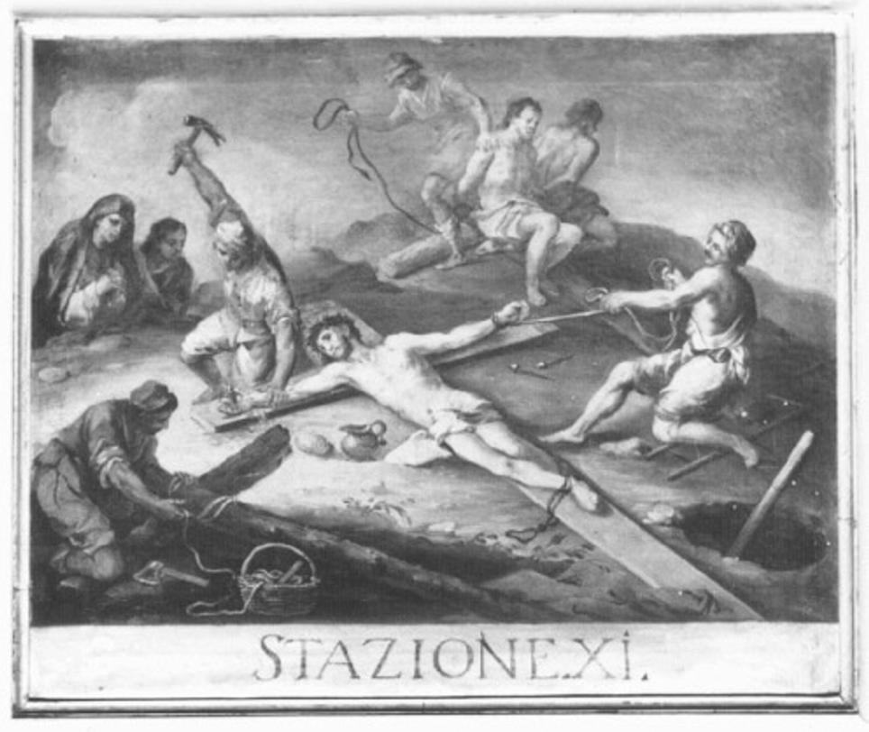 stazione XI: Gesù inchiodato alla croce (dipinto) di Pasqualotto Costantino detto Costantini (sec. XVIII)