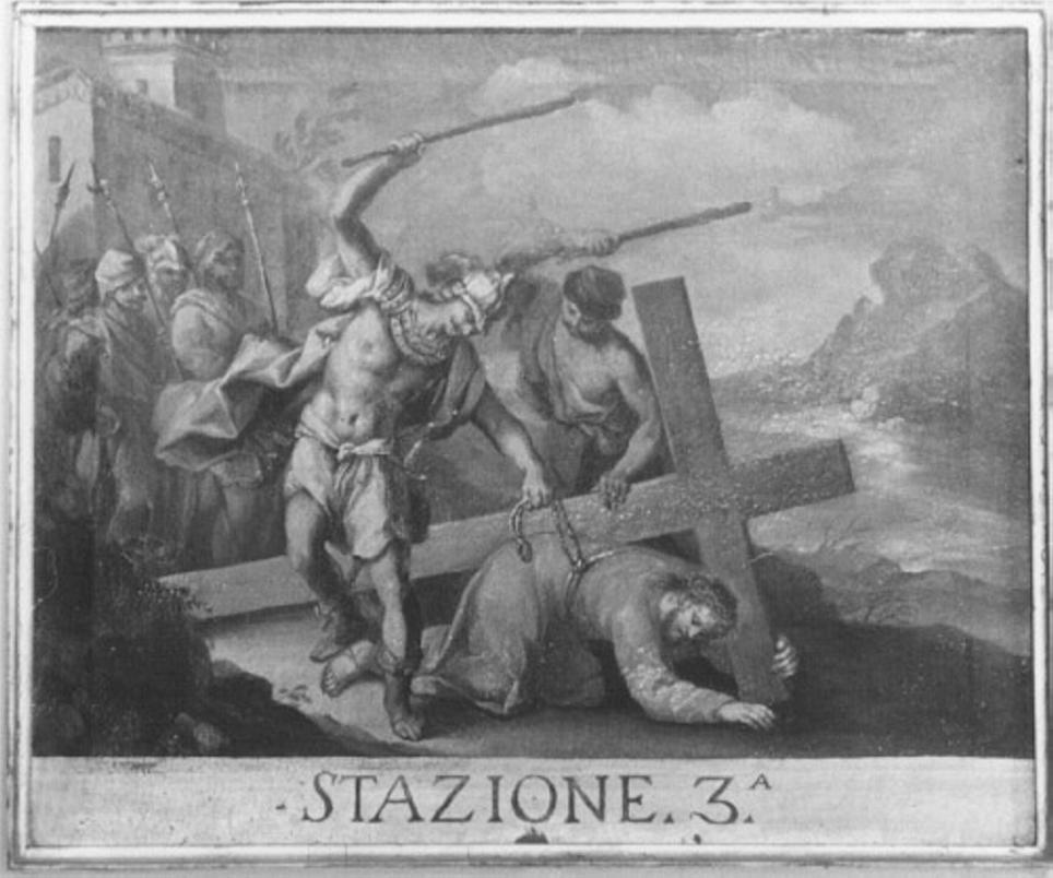 stazione III: Gesù cade sotto la croce la prima volta (dipinto) di Pasqualotto Costantino detto Costantini (sec. XVIII)